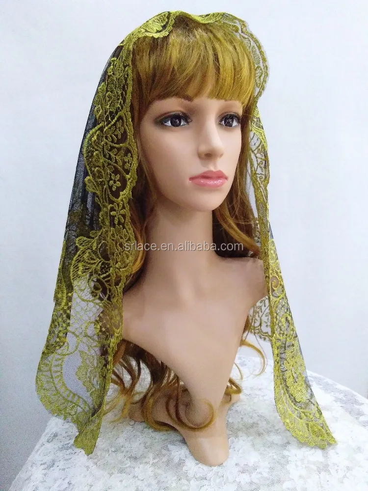 Желтая Золотая кружевная испанская кружевная Фата мантильи