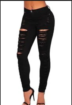 Blue Black Ripped Jeans Women High Waist Mom Stretch Ripped Jeans Skinny Pants Hole Baggy Trousers Long Denim Jeans Pants