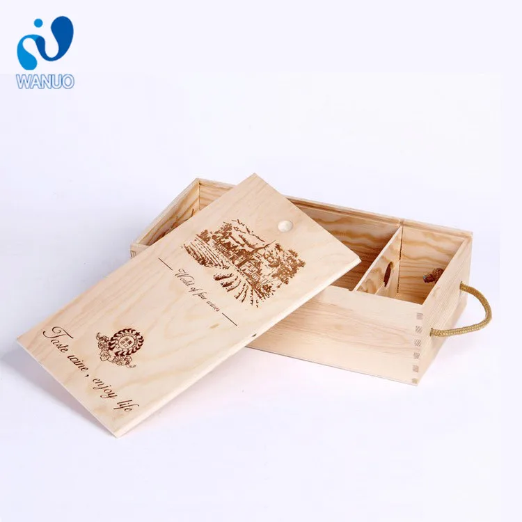 WanuoCraft Custom Luxury Pine Wood Gift Box Double 750ml Bottles Wooden Wine Box With Sliding Lid And Rope Handle