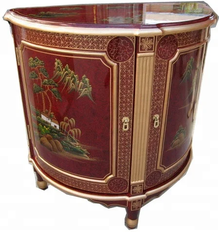 
red chinoiserie lacquer oriental asia art furniture home half circle cabinet 