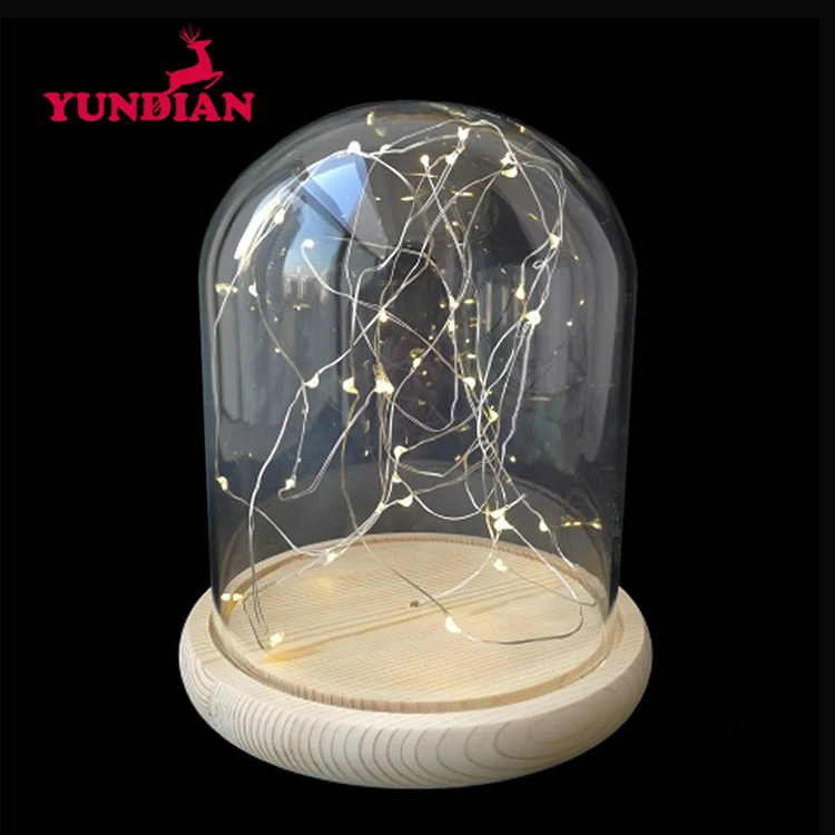 Wholesale Different Size Display Bell Dome Jar Transparent Clear Led Warm Lighting Glass Cloche With Wood Base For Home Deco