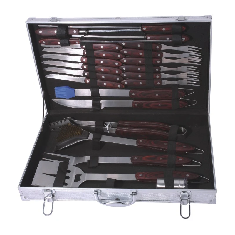 BBQ Tool Set in aluminium Case Spatula Basting Brush Cleaning Brush Knife Skewer Corn Holder Whole Set BBQ BBQ-24M-03
