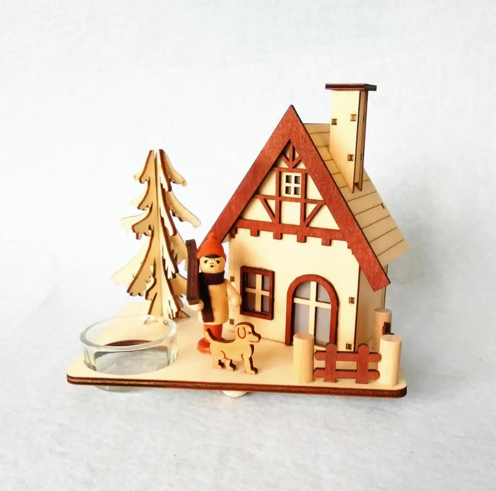 Natural wooden led light Christmas smoker house decoration with tealight holder