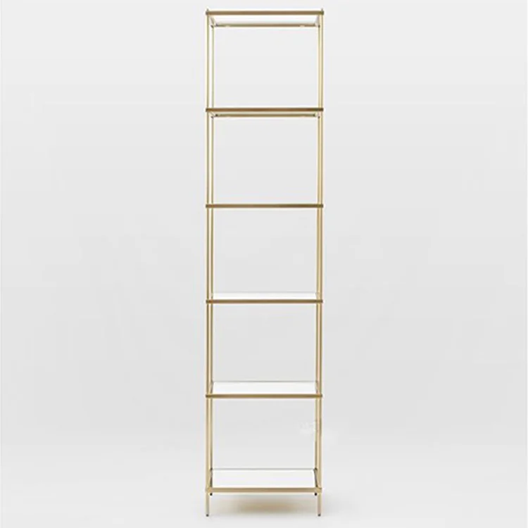 Modern gold stainless steel metal tempered glass display bookshelf