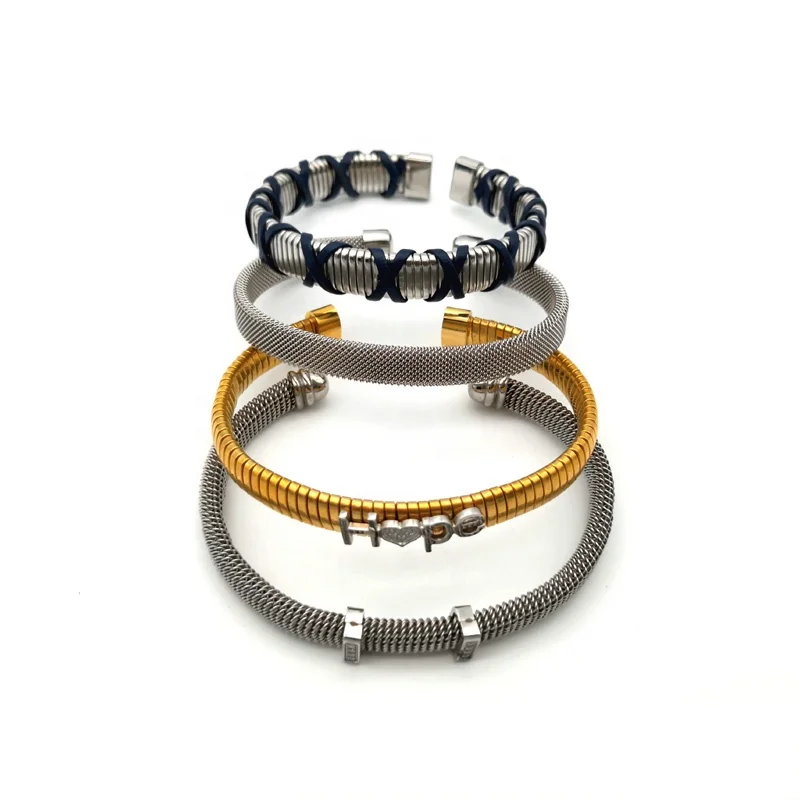 Stainless Steel  Two-Tone Positive Energy HOPE Word Cable Wire Men Bangle Women Bracelet Jewelry