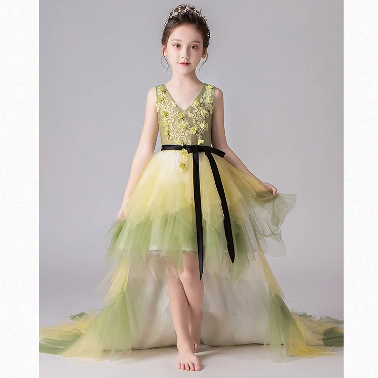 Новинка, высококачественные детские праздничные платья LA265 с бантом, вышивкой, бисером и длинным хвостом