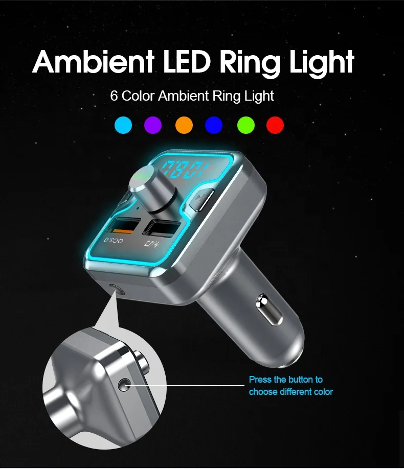T45Q Bluetooth Car Kit read U disk/TF QC3.0 Charger Handsfree Stereo FM Transmitter MP3 Player Multi color light effect Gray
