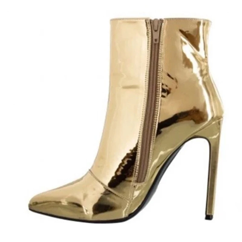 WETKISS Plus Size 45 Fashion 4 inch Stiletto Heels Booties Glossy PU Gold High Heel Boots Ladies Ankle Boots Women Winter Boots
