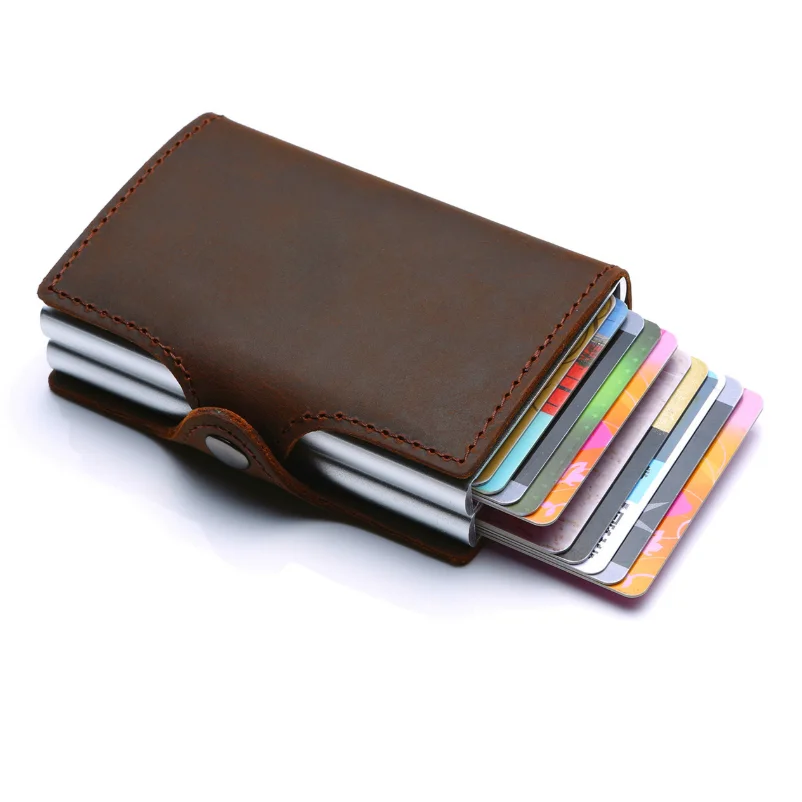 Credit Card Holder Genuine Leather Wallet With Two Aluminum RFID Blocking Holders Antimagnetic Boxes
