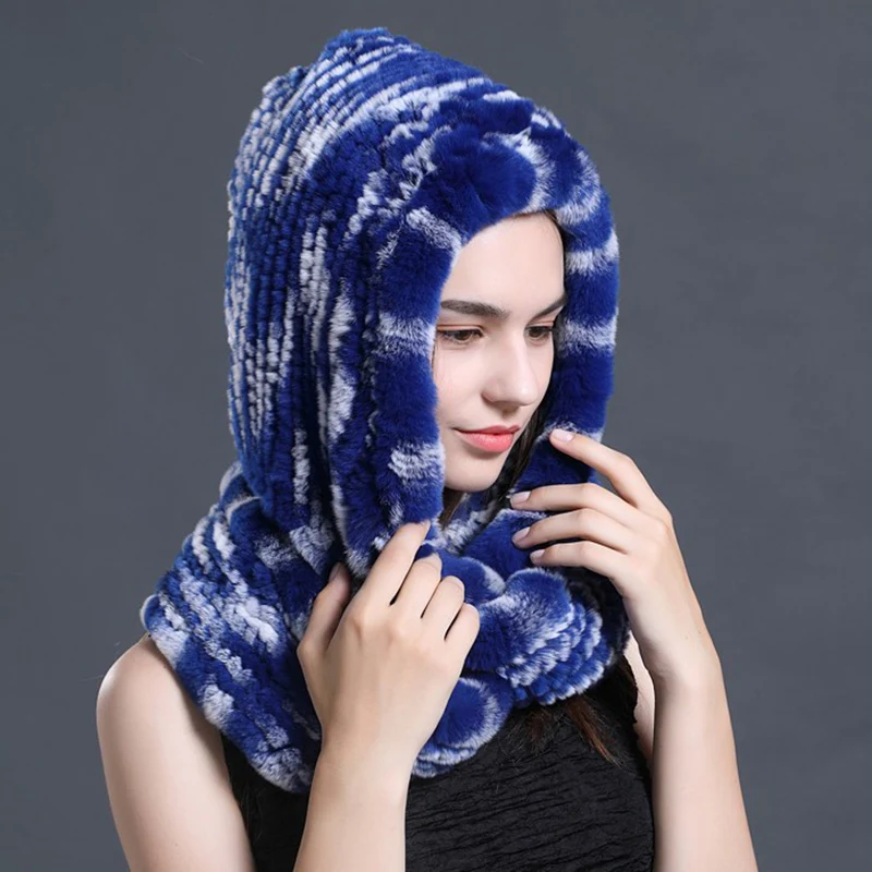 CX-C-142D 2021 New Style Rex Rabbit Fur Knitted Hooded Scarves