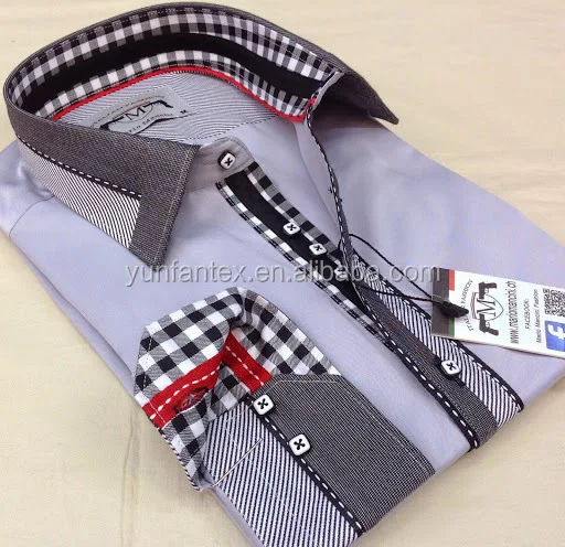 
2021 Italian fashion POPLIN check contrast collar and cuff long sleeve shirt double collar 