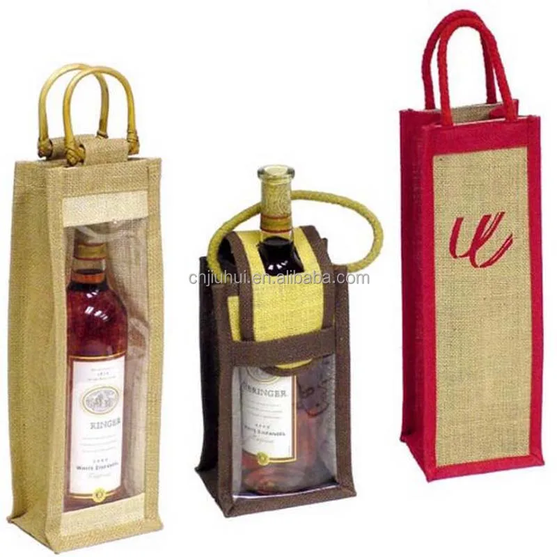 BSCI Certified Factory Custom Logo Printed Wine Bottle Jute Bags With Window