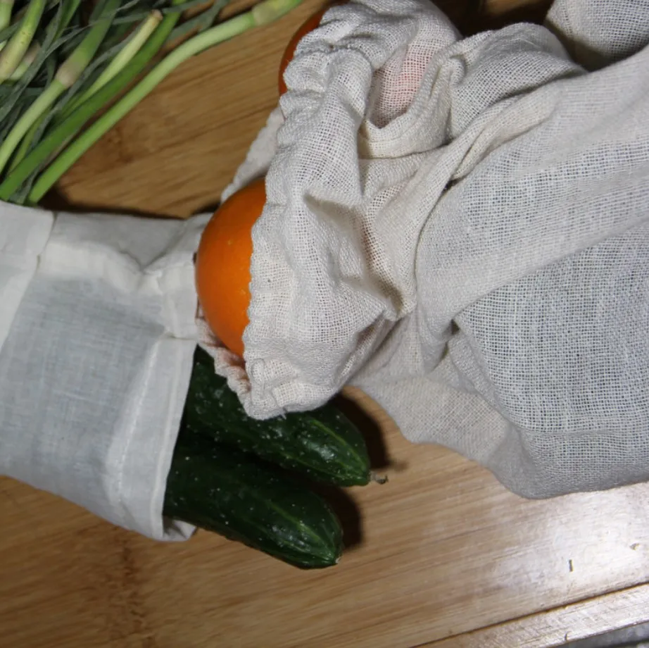 Biodegradable Reusable Organic Cotton Grocery Produce Drawstring Mesh Bag for Vegetable Fruit