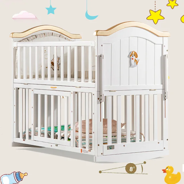 Newest design solid wood baby swing Super storage space wooden baby cradle with universal wheel