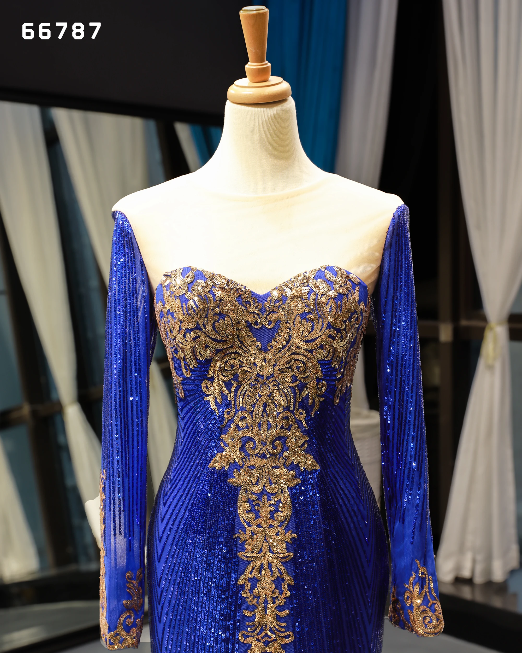 Jancember RSM66787 royal blue evening dress women vestidos de fiesta luxury long sleeve sexy mermaid prom dress evening