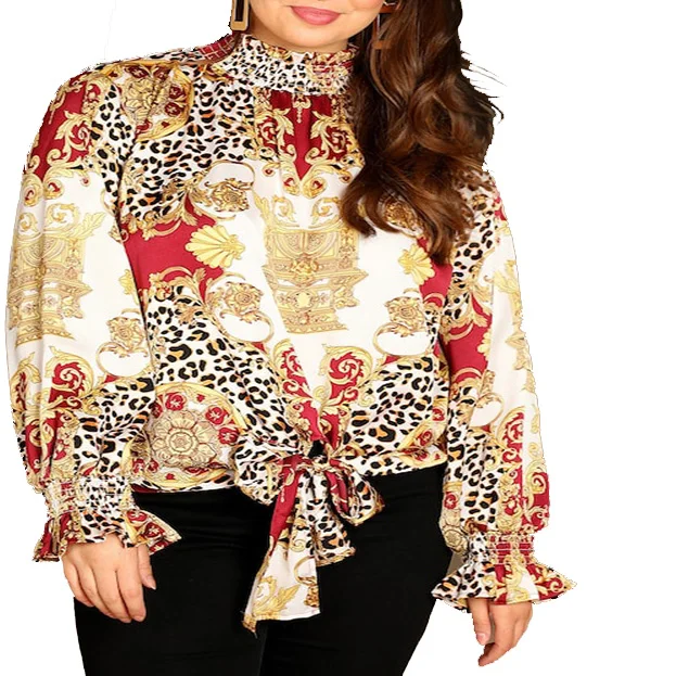 
2019 Fashion Apparel Plus Size Shirred Panel Chain Print Ruffle Cuff Blouse 