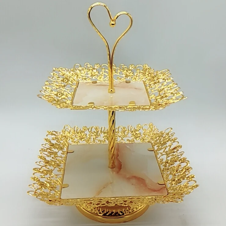Best selling 3-Tier marble plate decorated with gold metal for  Mini cake fruit candy Display shelf