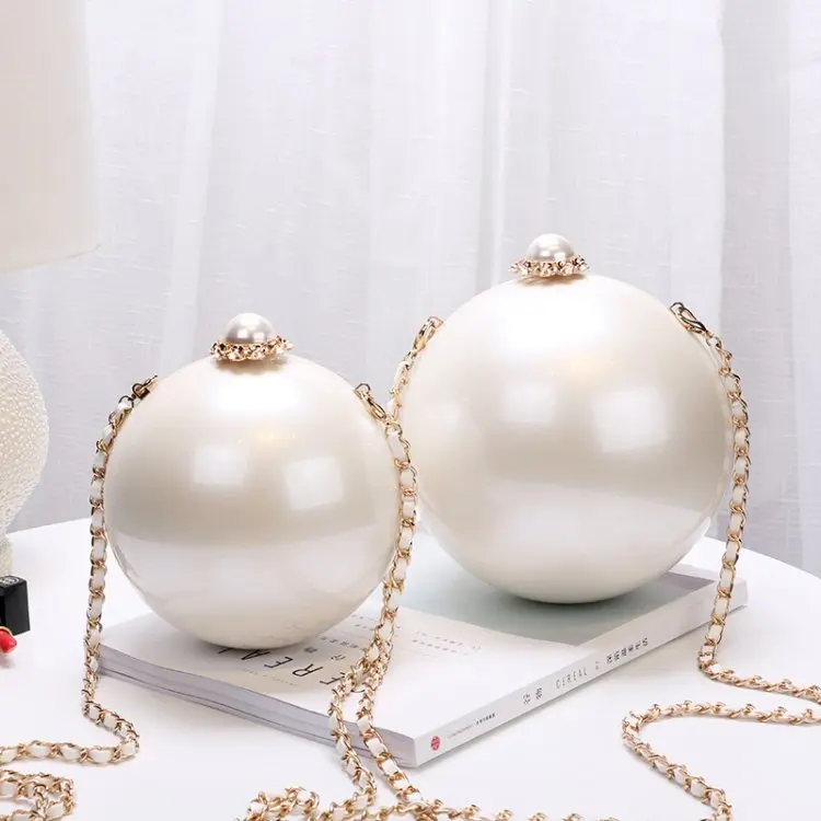 Ladies Big Pearl Round Ball Hard Case Wedding Bridal Party Evening Bags Clutch Bag Small Purse