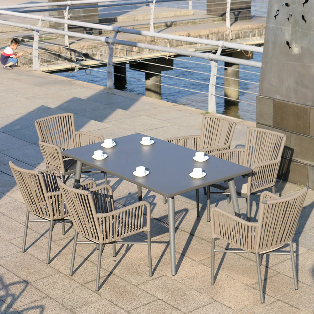 Modern Style All Weather Aluminum Frame Rope Weave Outdoor Furniture Patio Restaurant Cafe Garden Dining Table And Chairs