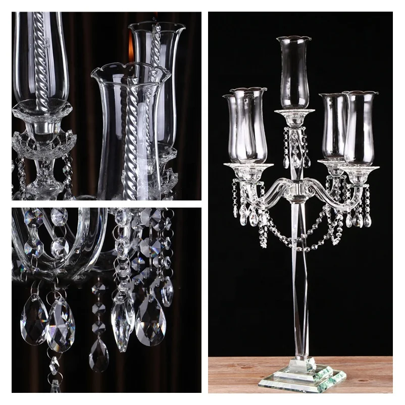 Wholesale 120cm Height Glass Hurricane 5 arms crystal candlestick candelabra for table decorations wedding centerpieces