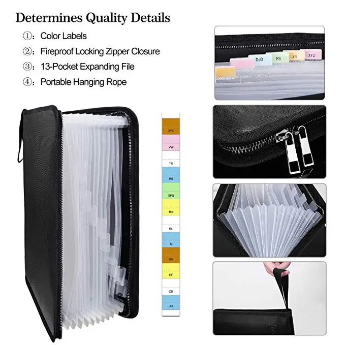 Document Organizer,13 Pockets Fireproof and Waterproof Expanding File Folder with Zipper,A4 Letter Size,Silicone Coated Portable