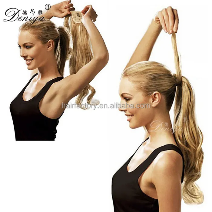 Long wavy easy clip in wrap around ponytail remy human hair extension