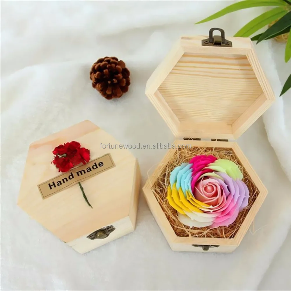Plain Unfinished Box, Hexagon Unpainted Wooden Jewelry Box DIY Storage Chest Treasure Toy Case 13x 11x 7cm