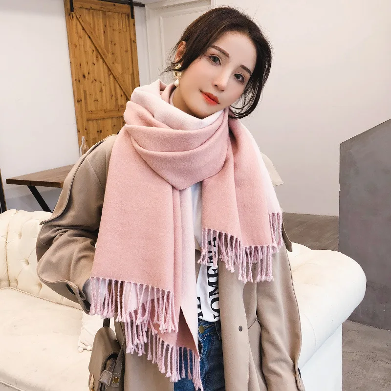 
New arrival Solid colors cashmere long scarf warm warp shawl with fur pompom fringe 