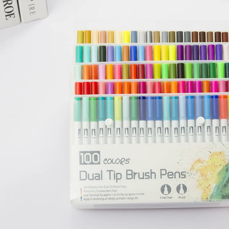100 pack fineliner watercolor brush pens set, dual tip colored art marker pen for calligraphy