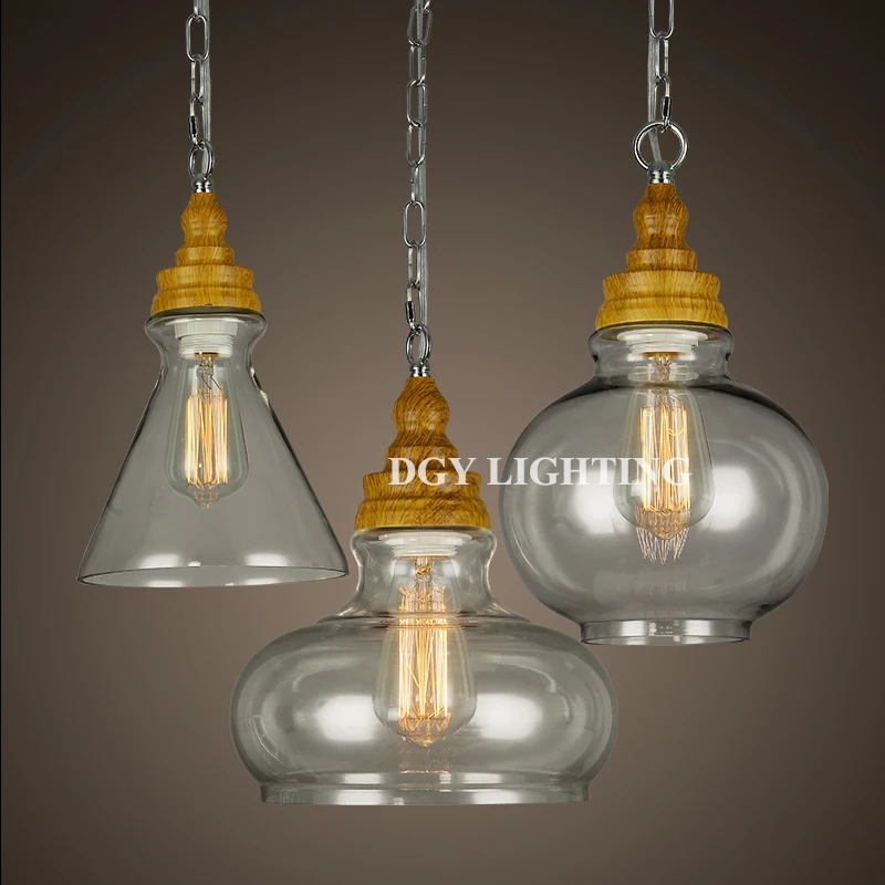 
factory wholesale living room wooden holder hanging light glass pendant lamp 