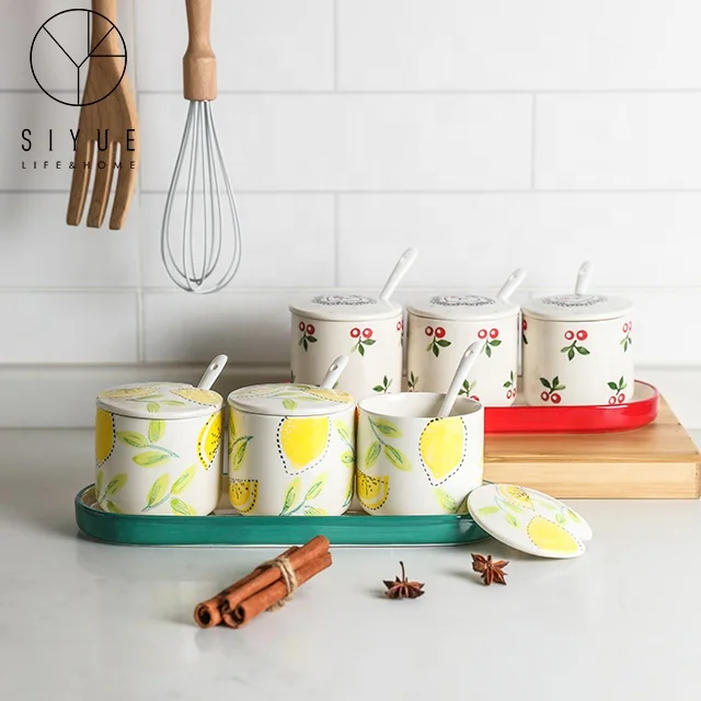 Wholesale Ceramic Spice Jar Set With Spoon For kitchen 1101
