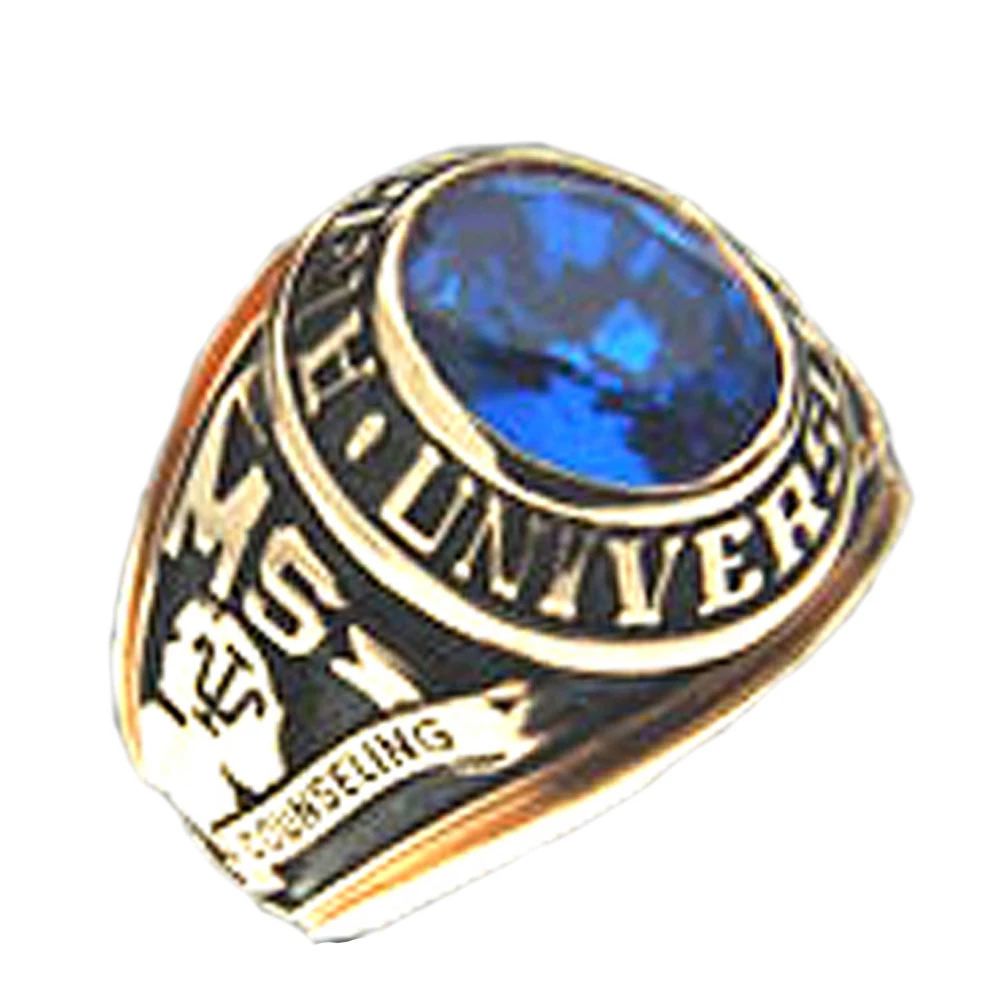 Gold Rings Souvenir Wholesale Chinese BS University Graduation 18K Gold Plated Gemstone Rings Zircon Set Letter CLASSIC