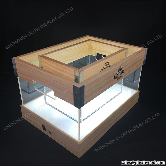 LED Lighted Acrylic Wood Corona Extra Light Beer Ice Bucket with Metal Corners