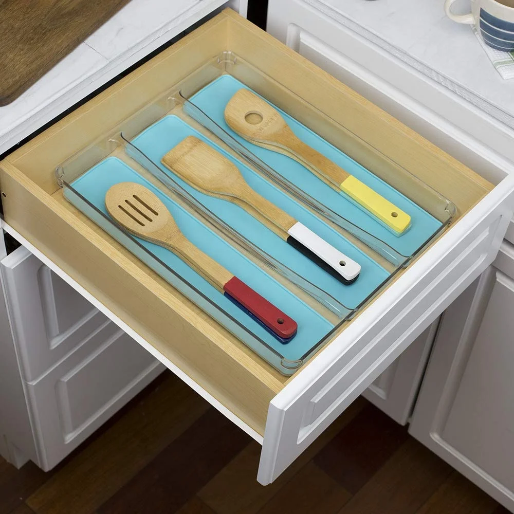 ZNF00090 Clear Plastic 3 Compartment Cutlery Tray Silverware Organizer Utensil Holder for Drawer with Rubber Liner for