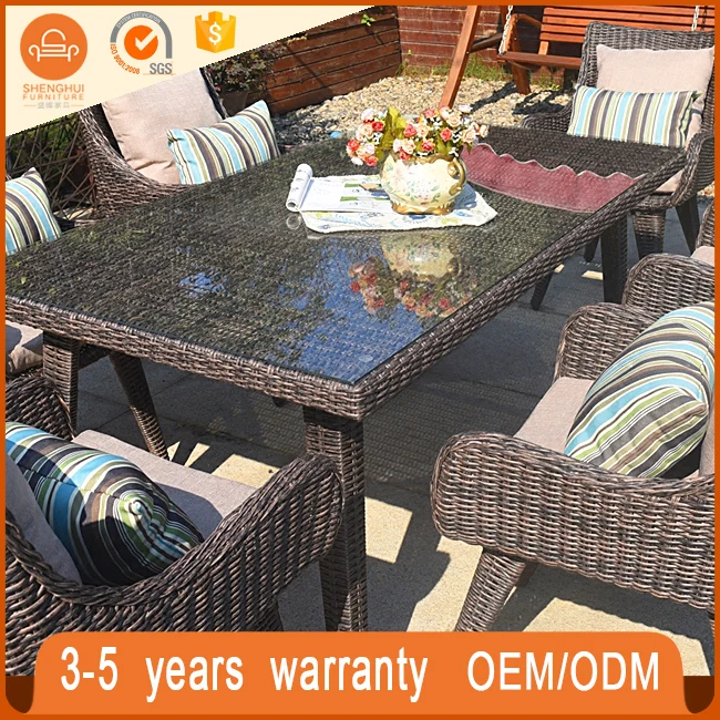 
Luxury Cheapest Space-Saving Outdoor Round Gray Rattan Wicker Dining Table And 6 Chairs Vocation Restaurant Furniture 