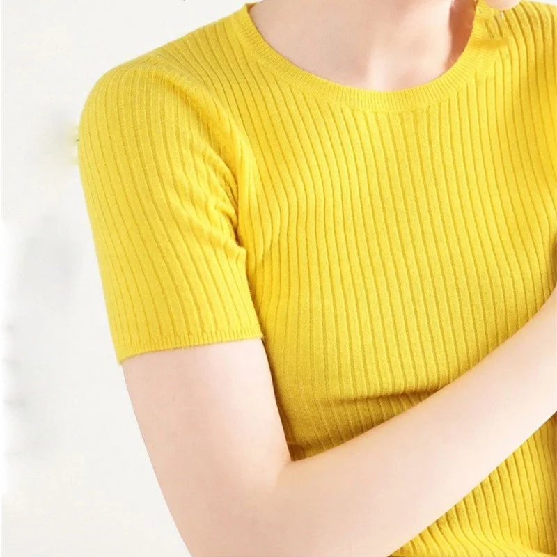 
New thin section round neck sweater short sleeve female Slim Korean version loose lazy knit bottoming shirt large size 