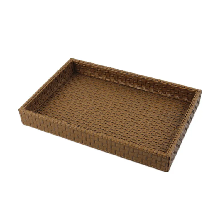 Custom braided texture faux recycled leather wooden tea serving tray