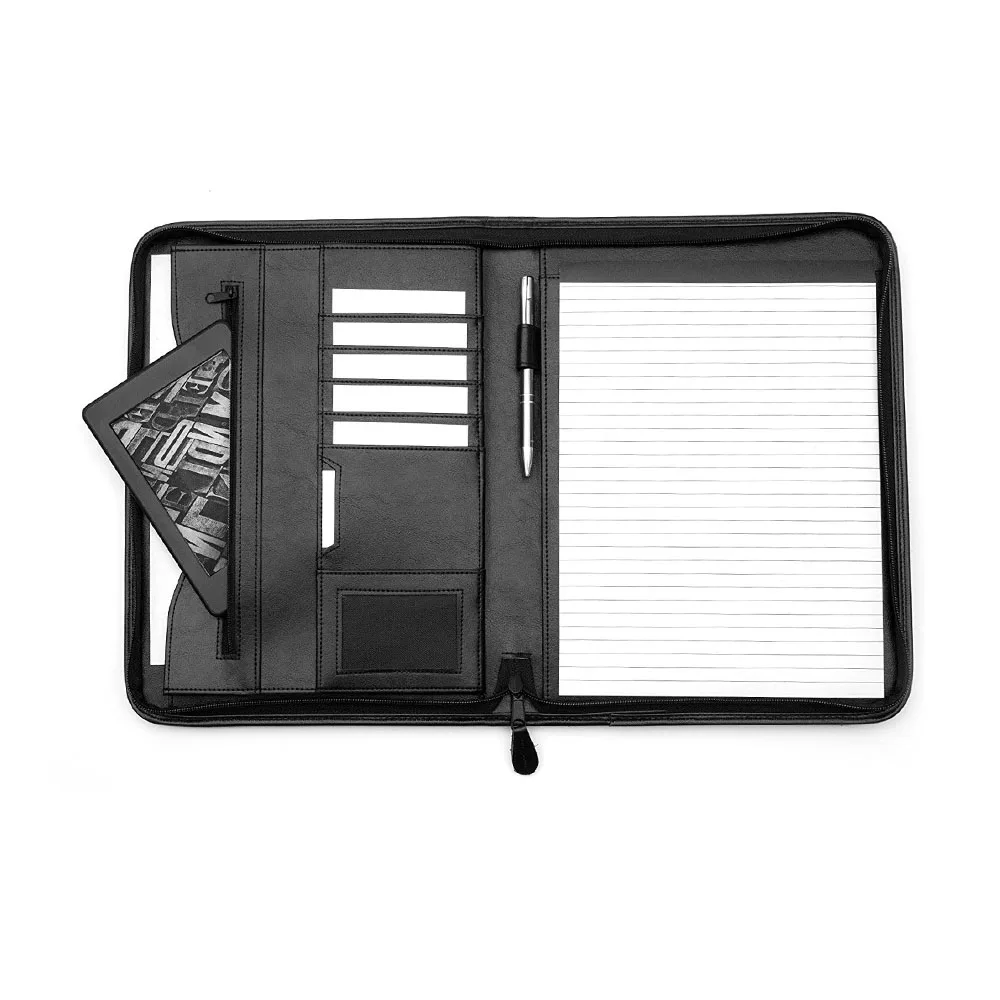 New Professional Portfolio Zippered Executive Padfolio With Handle PU Leather A4 Calculator Embossed Conference Briefcase
