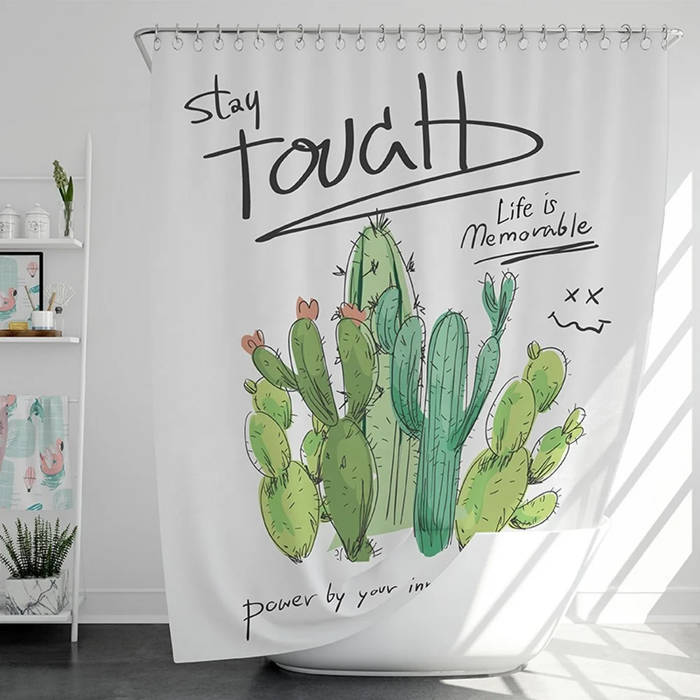 2024 Trending Home Goods Bathroom Bath Product Mouldproof Waterproof 3D Green Cactus Cartoon Design Shower Curtain