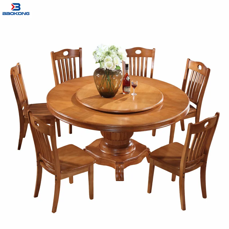 Antique 6 Seat Wooden Rotating Round Dining Table Set