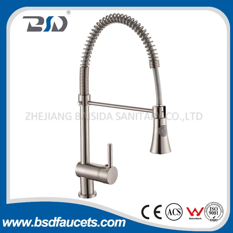 European Long Neck Single Handle Water Ridge Brass Pull Out Down Nickel Brushed Kitchen Sink Faucet
