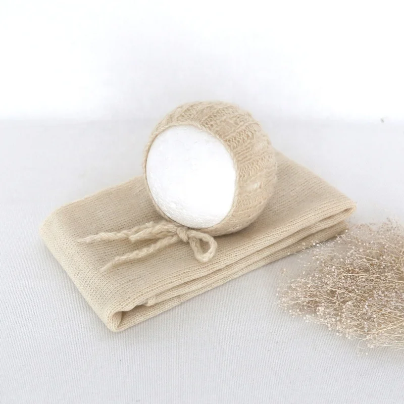 Four Side Wrap And Bonnet Photography Props Baby Stretch  knit Wrap Whit Hat Newborn Shoot Props