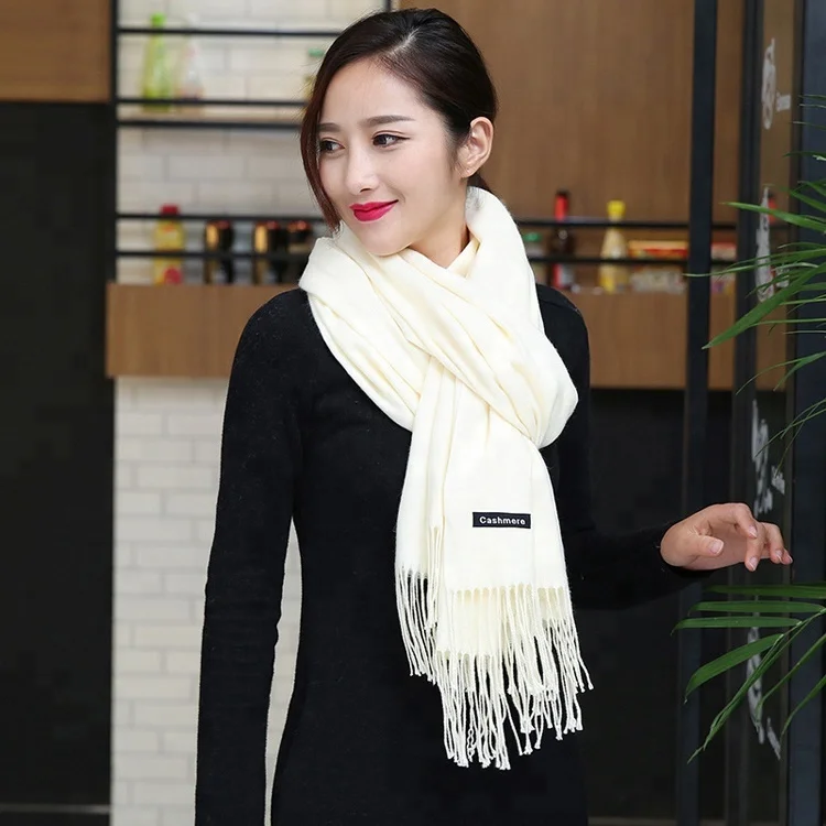 Europe graceful solid color ivory white women cashmere scarf