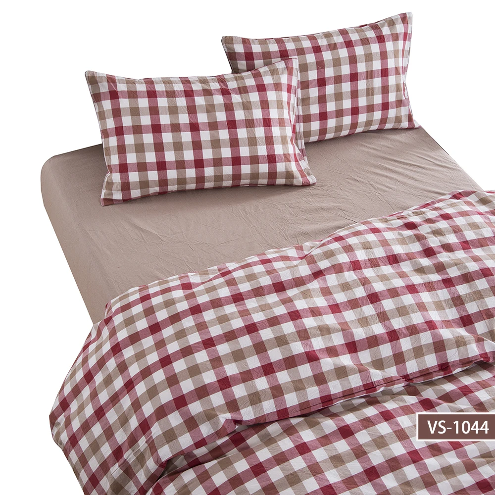 Simple Japanese style stone washed 100% cotton bedding linen in small check pattern