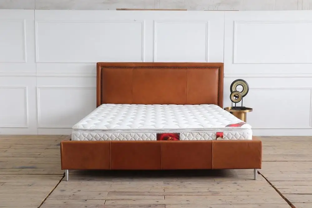 vintage brown leather europe style hotel project  high headboard  king size bed