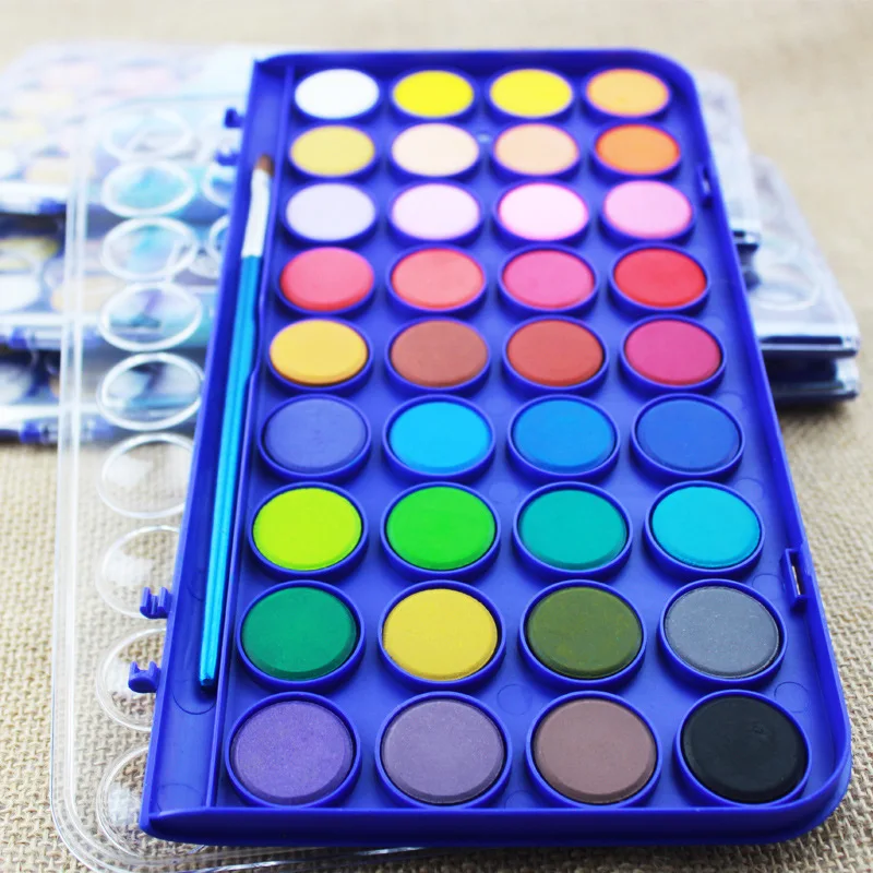 Factory hot sale 12/16/18/24/36 colors solid water color Pressed powder watercolor paint with transparent PVC box