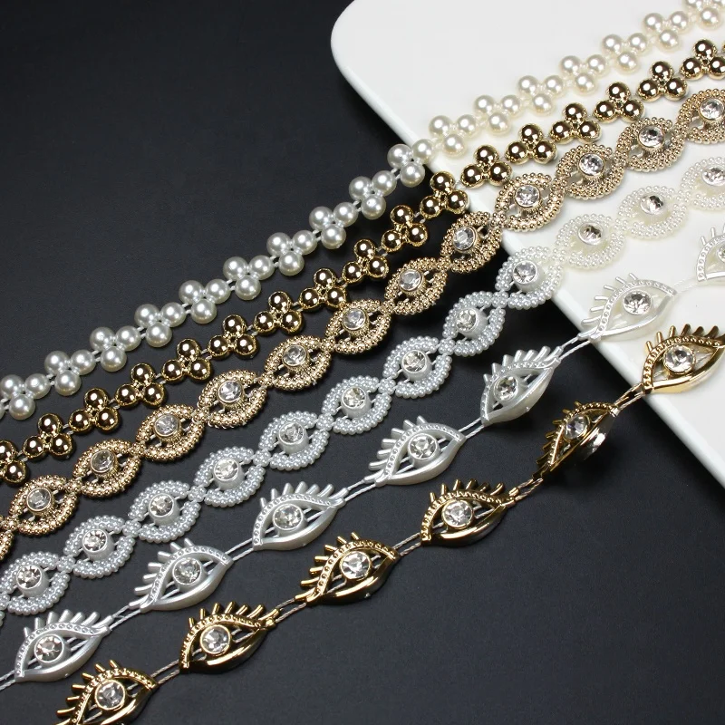 China supplier elegant pearl decorate chain artificial white pearl rhinestone chain