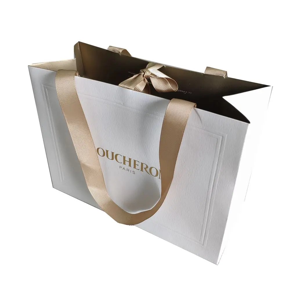 Custom Printed Paper Bags Cardboard Luxury White Kraft Paper Gift Bag With Ribbon Handle For Shopping Bag With Your Own Logo