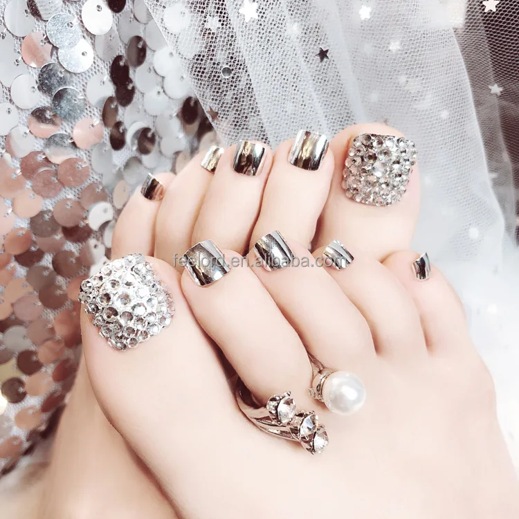hotsales Korea style pre-design artificial toe nail tips FJ25 chrome metallization 3D false toe nails