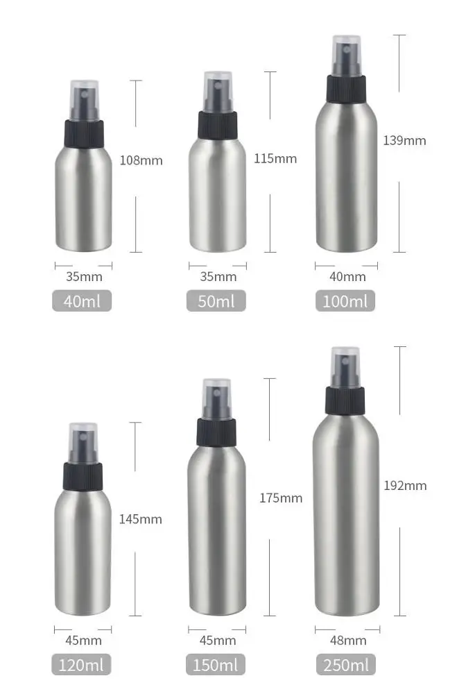 30ml 50ml 100ml 120ml 150ml 250ml aluminum bottle with spray pump black and white